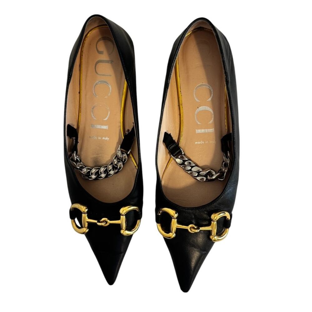 Gucci Deva Horsebit Chain Ballet Flats Black Leather Mary Jane Size 38